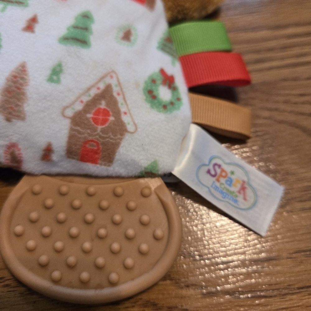 Spark Create Imagine Brown Gingerbread Plush Teether Rattle Red Bow Christmas - Picture 6 of 9